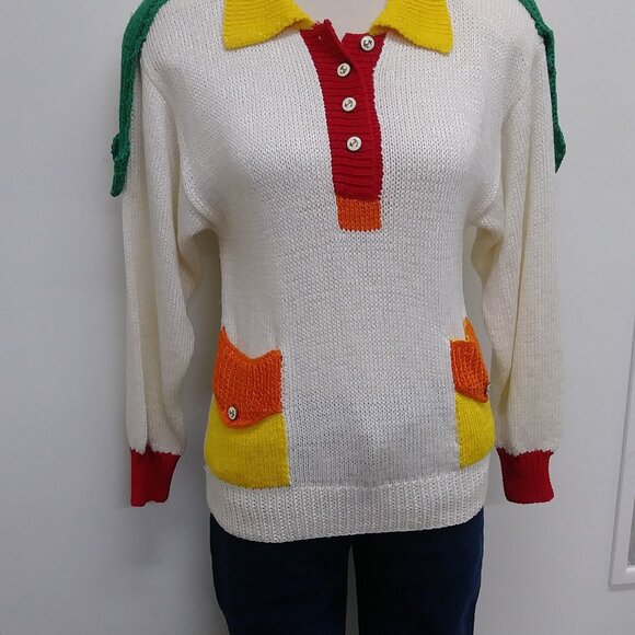 Sweater 80's Colourful -White with Red, Orange, Yellow, Green Accents & Nautical - Picture 2 of 9